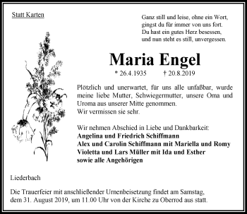 Traueranzeige von Maria Engel von 563 Oberhessische Zeitung
