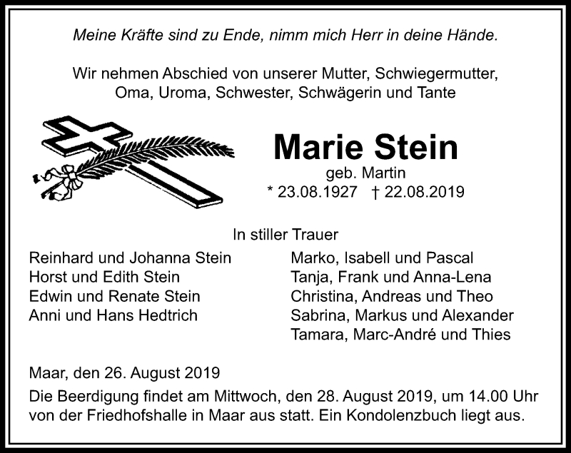  Traueranzeige für Marie Stein vom 26.08.2019 aus 562 Lauterbacher Anzeiger