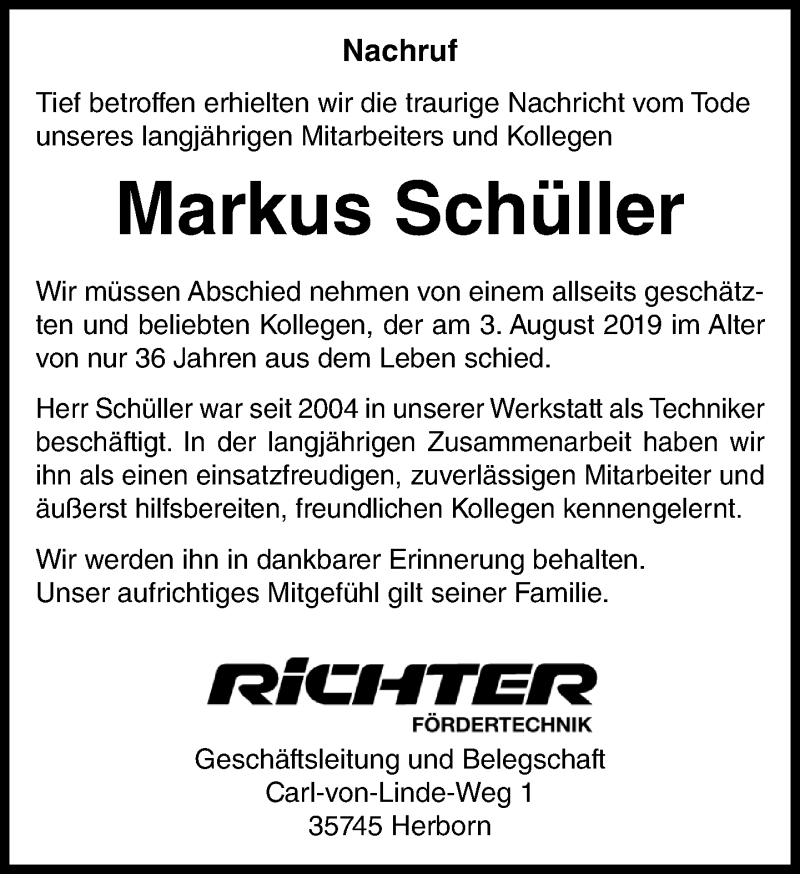  Traueranzeige für Markus Schüller vom 31.08.2019 aus 205 HA - Hinterländer Anzeiger (130)