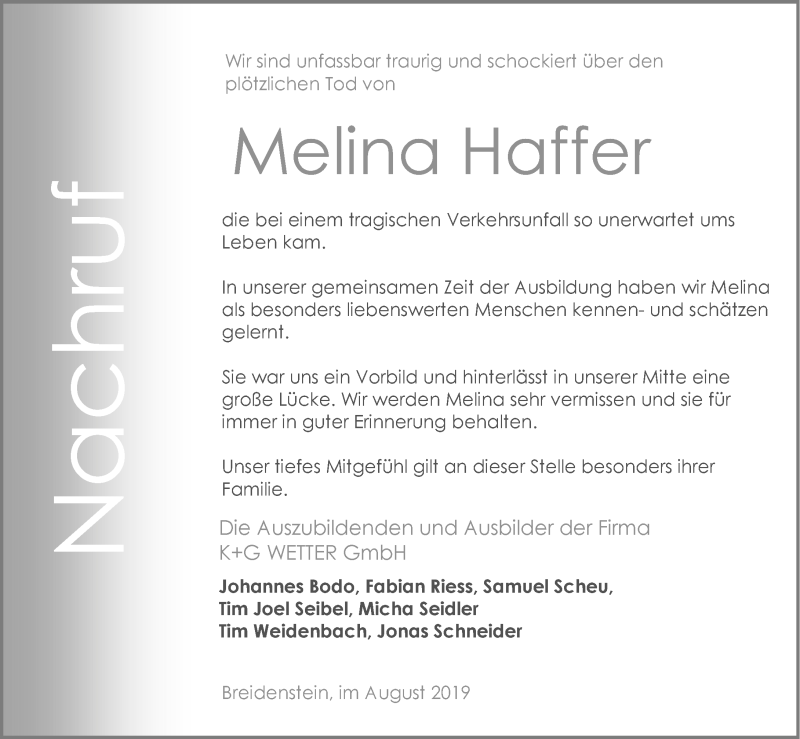  Traueranzeige für Melina Haffer vom 15.08.2019 aus 205 HA - Hinterländer Anzeiger (130)