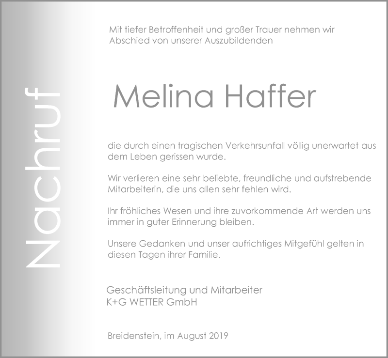  Traueranzeige für Melina Haffer vom 16.08.2019 aus 205 HA - Hinterländer Anzeiger (130)