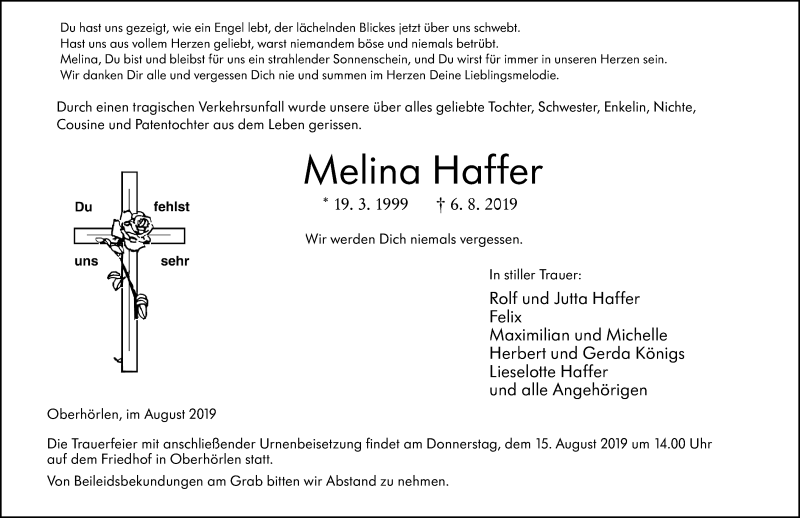  Traueranzeige für Melina Haffer vom 14.08.2019 aus 205 HA - Hinterländer Anzeiger (130)