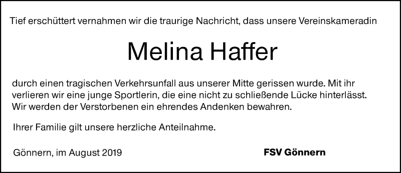  Traueranzeige für Melina Haffer vom 16.08.2019 aus 205 HA - Hinterländer Anzeiger (130)