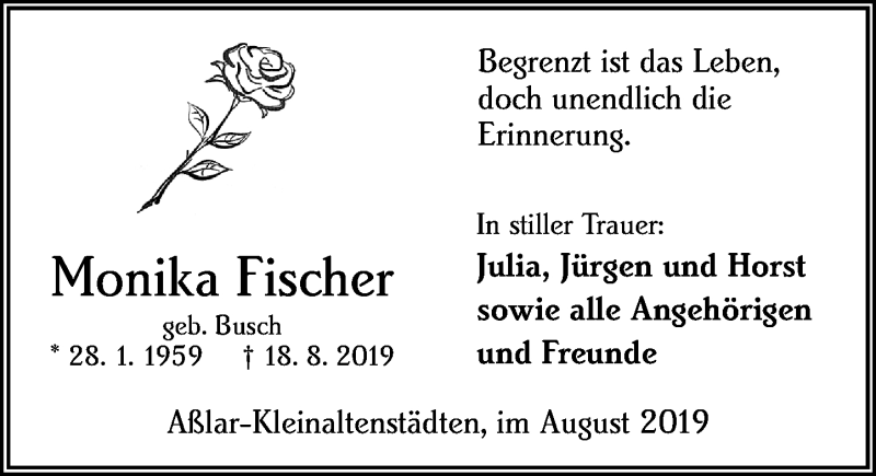  Traueranzeige für Monika Fischer vom 28.08.2019 aus 201 WNZ - Wetzlarer Neue Zeitung (110)