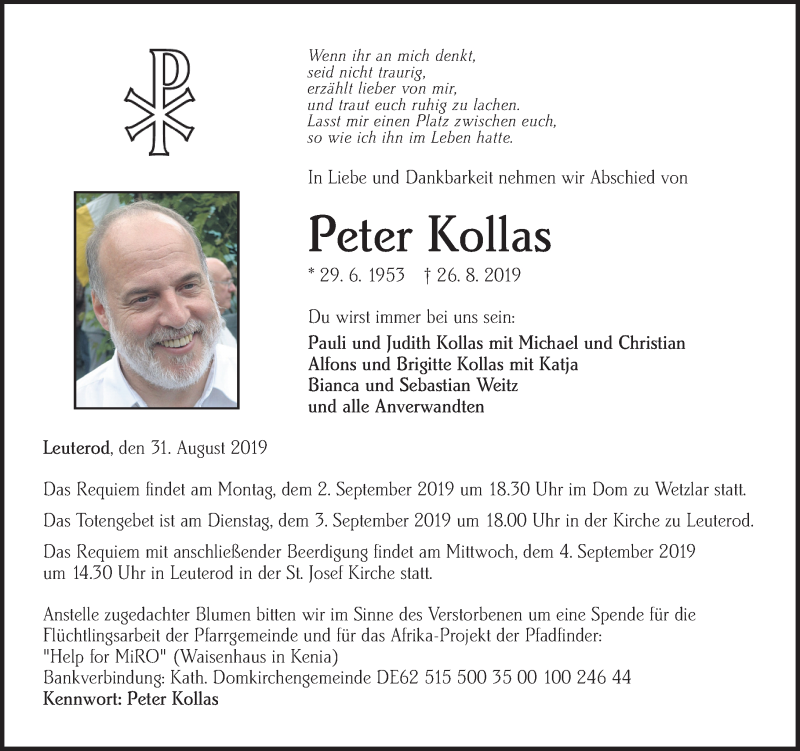  Traueranzeige für Peter Kollas vom 31.08.2019 aus 201 WNZ - Wetzlarer Neue Zeitung (110)