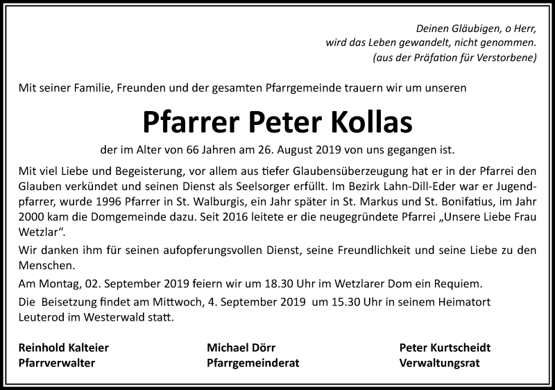  Traueranzeige für Peter Kollas vom 31.08.2019 aus 201 WNZ - Wetzlarer Neue Zeitung (110)