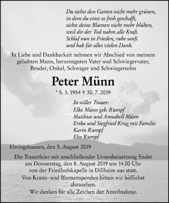 Traueranzeige von Peter Münn von 201 WNZ - Wetzlarer Neue Zeitung (110)