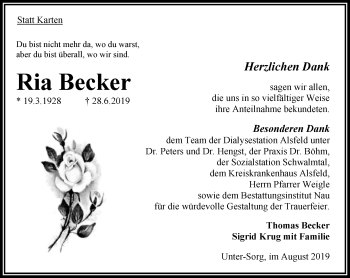 Traueranzeige von Ria Becker von 563 Oberhessische Zeitung