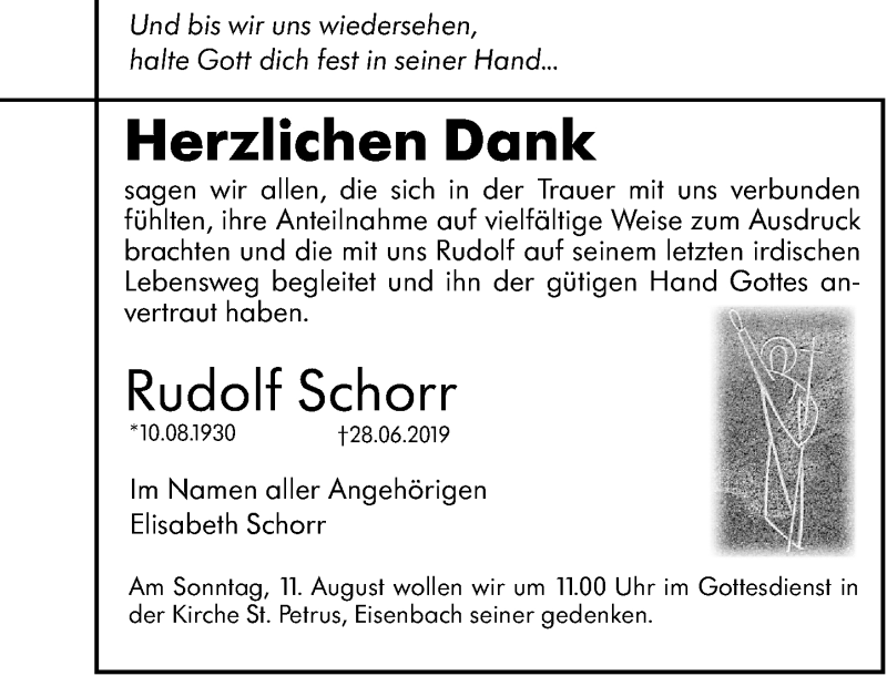  Traueranzeige für Rudolf Schorr vom 08.08.2019 aus 582 Camberger Anzeiger