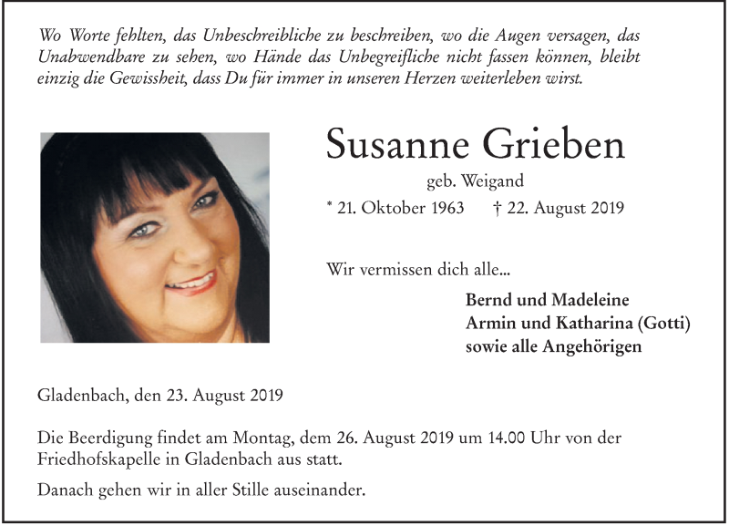  Traueranzeige für Susanne Grieben vom 23.08.2019 aus 205 HA - Hinterländer Anzeiger (130)