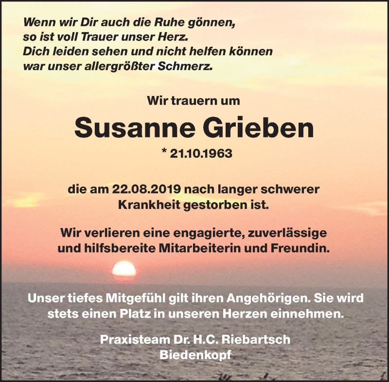  Traueranzeige für Susanne Grieben vom 24.08.2019 aus 205 HA - Hinterländer Anzeiger (130)