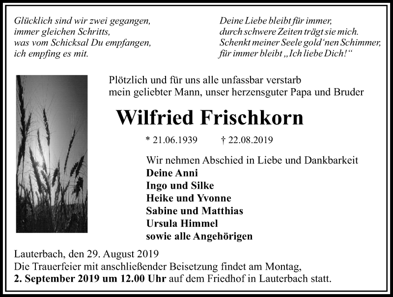  Traueranzeige für Wilfried Frischkorn vom 29.08.2019 aus 562 Lauterbacher Anzeiger