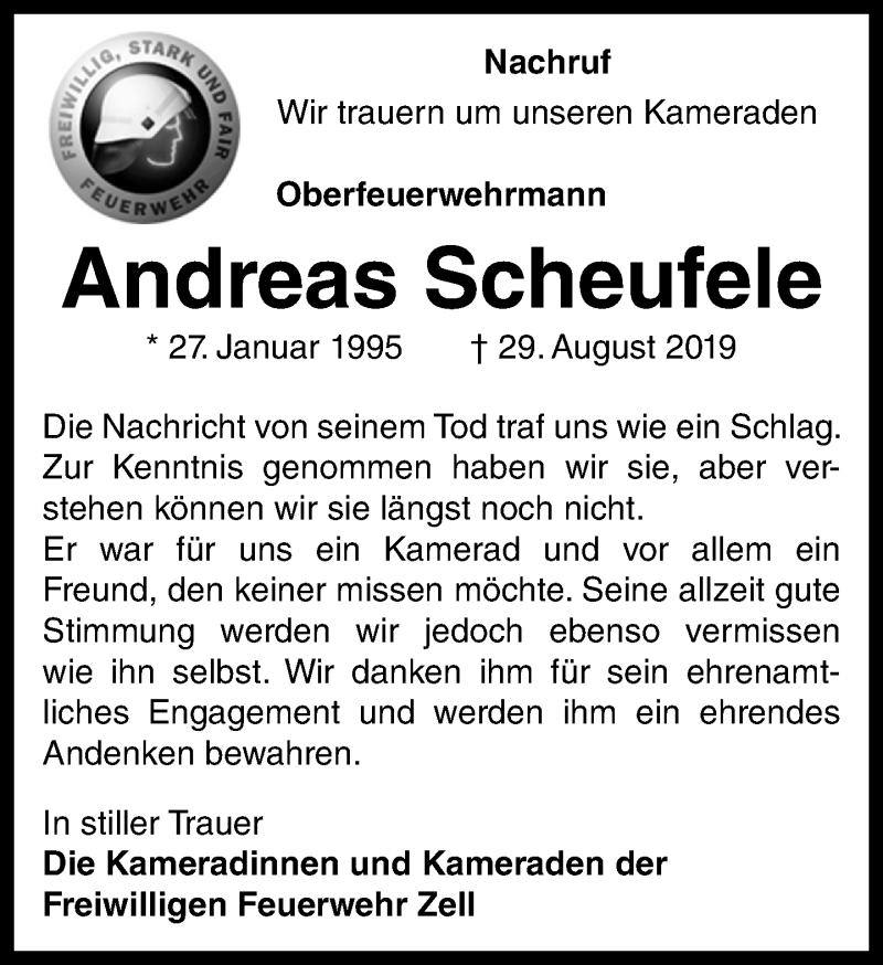  Traueranzeige für Andreas Scheufele vom 14.09.2019 aus 563 Oberhessische Zeitung