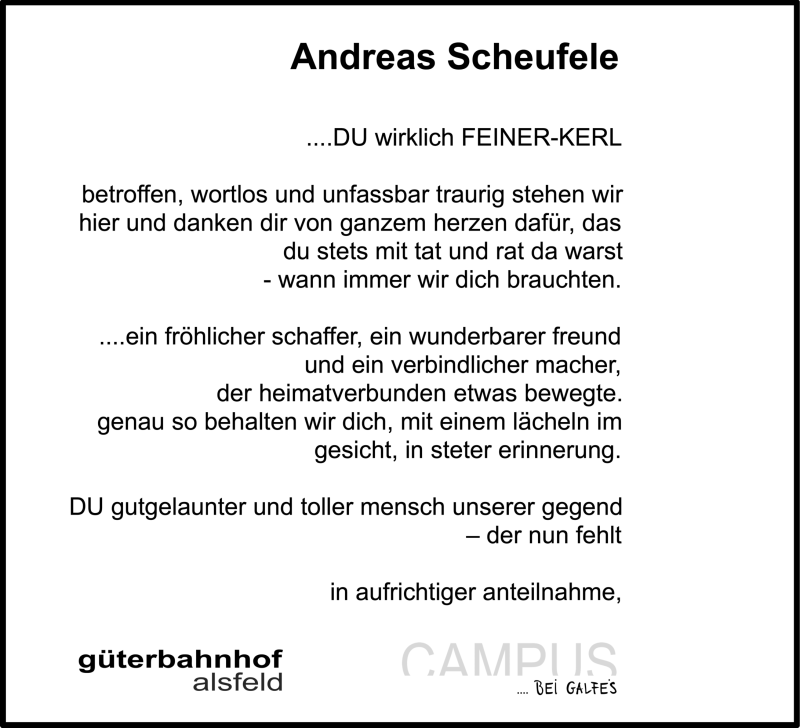  Traueranzeige für Andreas Scheufele vom 04.09.2019 aus 563 Oberhessische Zeitung