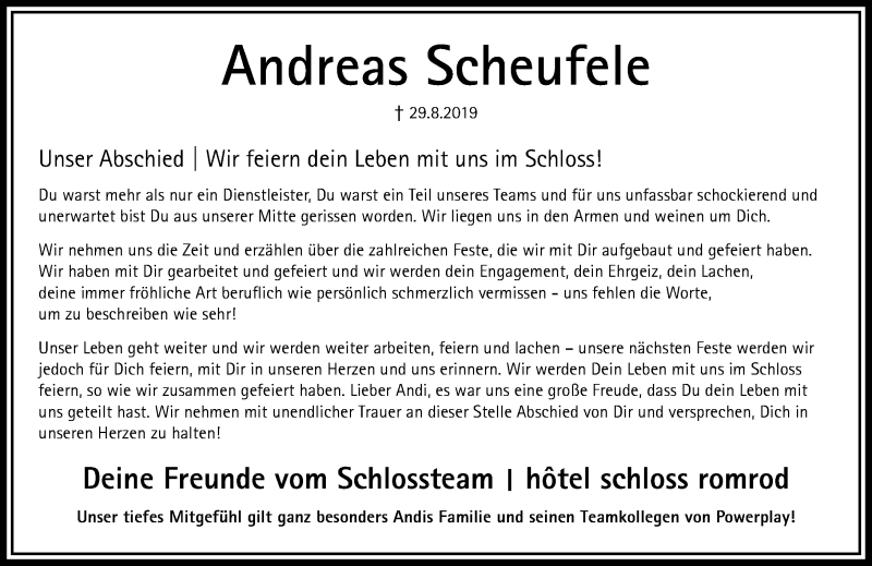  Traueranzeige für Andreas Scheufele vom 07.09.2019 aus 563 Oberhessische Zeitung