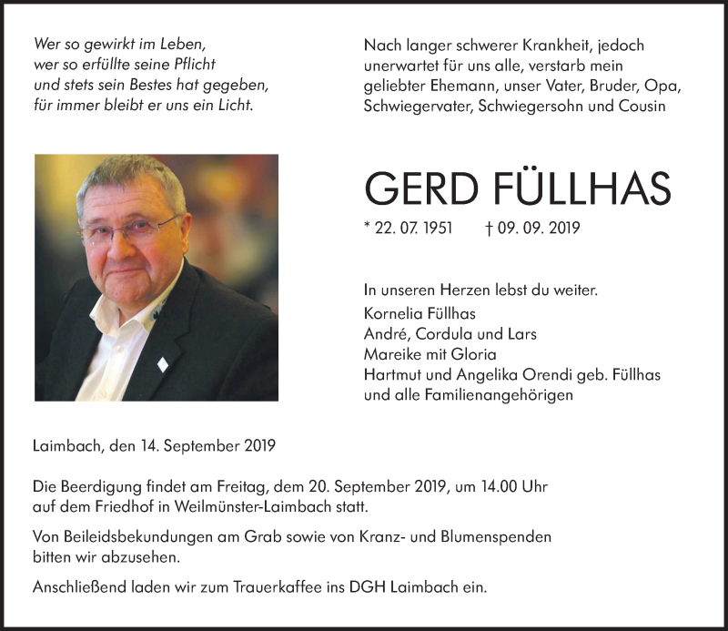  Traueranzeige für Gerd Füllhas vom 14.09.2019 aus 206 WBT - Weilburger Tageblatt (140)