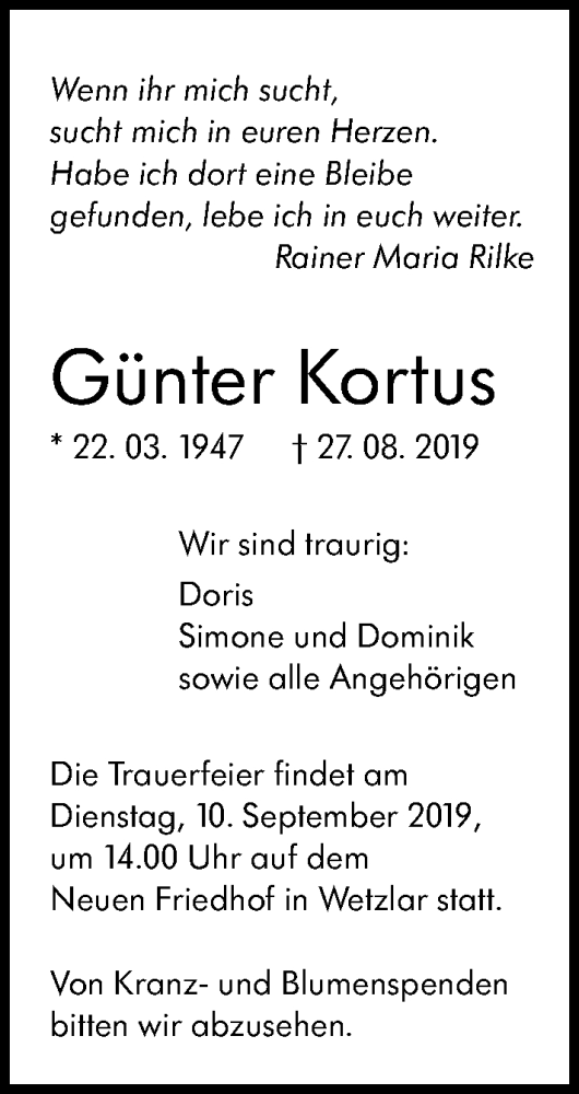  Traueranzeige für Günter Kortus vom 07.09.2019 aus 201 WNZ - Wetzlarer Neue Zeitung (110)