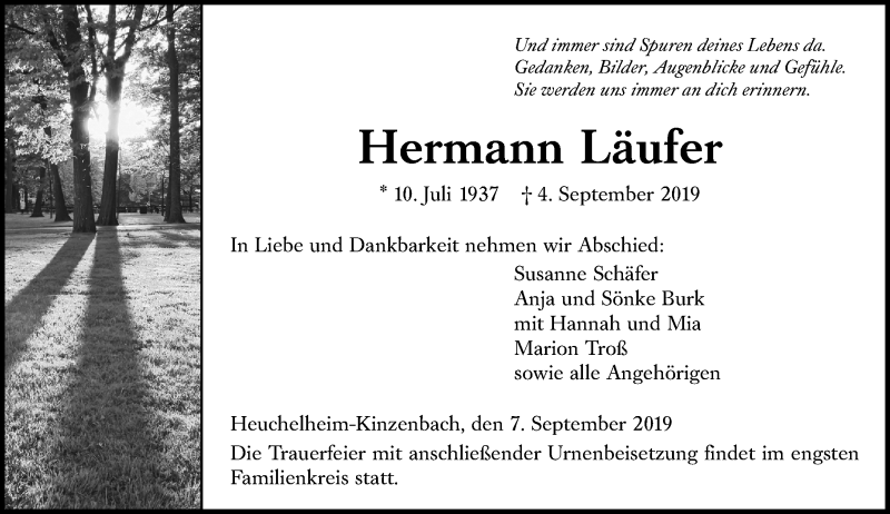  Traueranzeige für Hermann Läufer vom 07.09.2019 aus 201 WNZ - Wetzlarer Neue Zeitung (110)