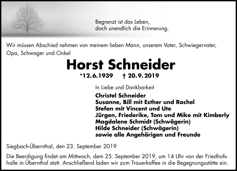  Traueranzeige für Horst Schneider vom 23.09.2019 aus 202 Dill Block (120)