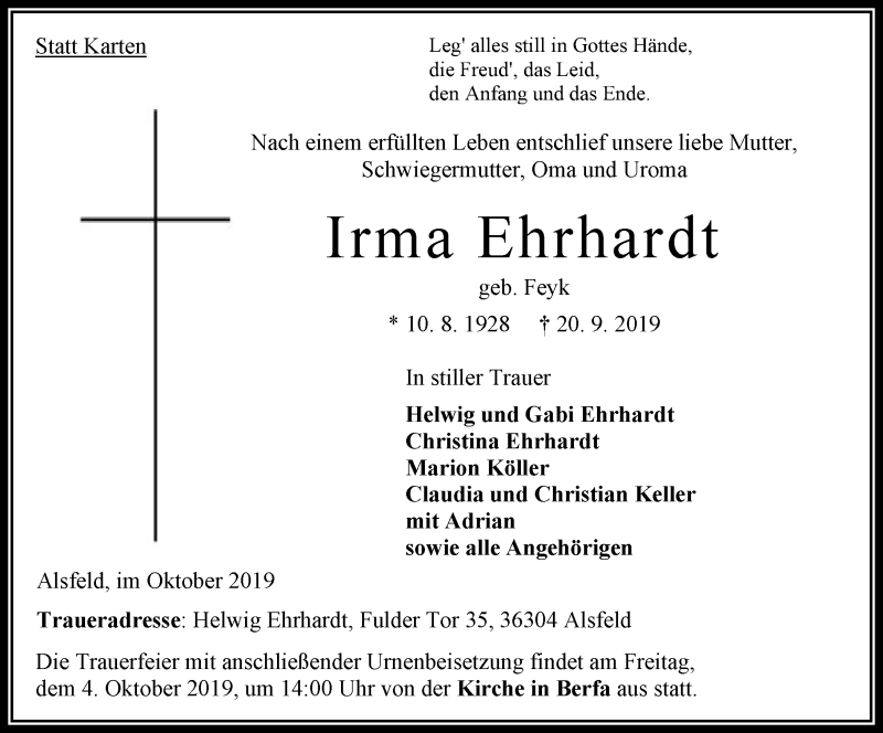  Traueranzeige für Irma Ehrhardt vom 01.10.2019 aus 563 Oberhessische Zeitung