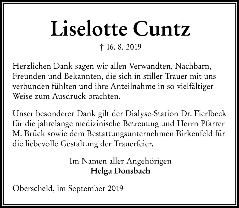  Traueranzeige für Liselotte Cuntz vom 14.09.2019 aus 202 Dill Block (120)