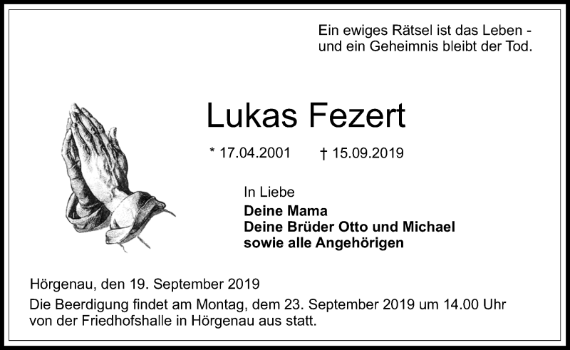  Traueranzeige für Lukas Fezert vom 19.09.2019 aus VRM Trauer