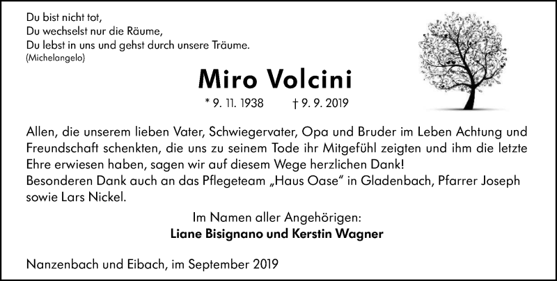  Traueranzeige für Miro Volcini vom 27.09.2019 aus 202 Dill Block (120)