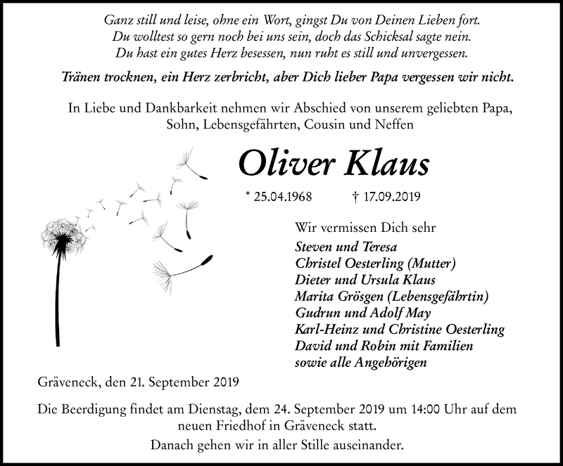  Traueranzeige für Oliver Klaus vom 21.09.2019 aus 206 WBT - Weilburger Tageblatt (140)