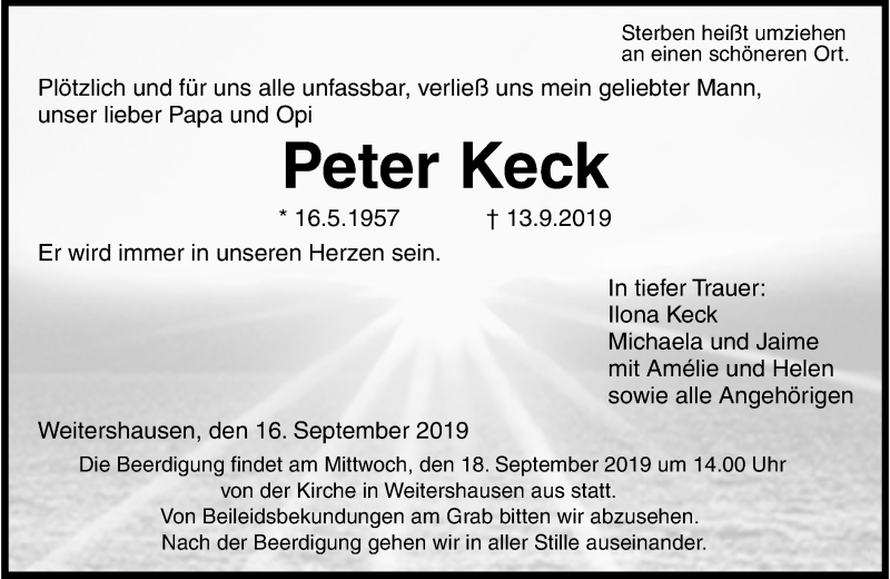  Traueranzeige für Peter Keck vom 16.09.2019 aus 205 HA - Hinterländer Anzeiger (130)