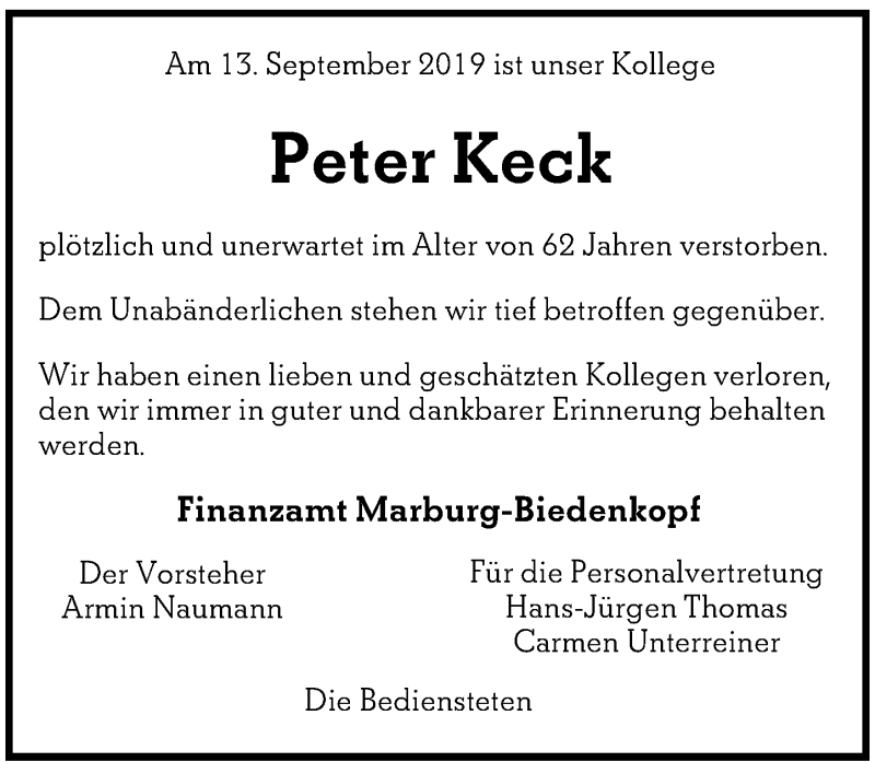  Traueranzeige für Peter Keck vom 18.09.2019 aus 205 HA - Hinterländer Anzeiger (130)