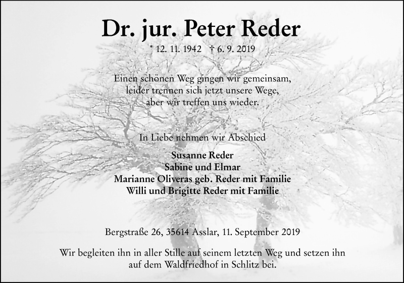  Traueranzeige für Peter Reder vom 11.09.2019 aus 201 WNZ - Wetzlarer Neue Zeitung (110)