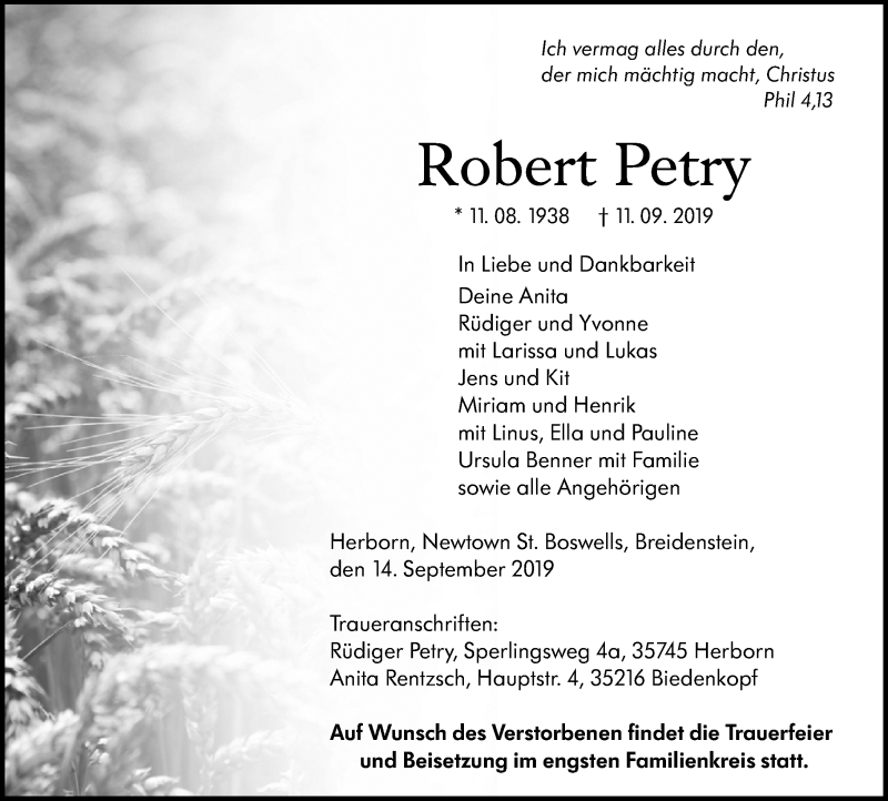  Traueranzeige für Robert Petry vom 14.09.2019 aus 205 HA - Hinterländer Anzeiger (130)