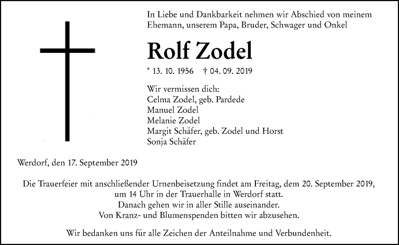  Traueranzeige für Rolf Zodel vom 17.09.2019 aus 201 WNZ - Wetzlarer Neue Zeitung (110)