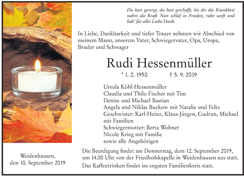 Traueranzeige für Rudi Hessenmüller vom 10.09.2019 aus 205 HA - Hinterländer Anzeiger (130)
