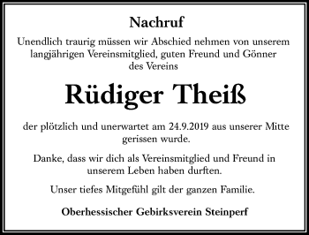 Traueranzeige von Rüdiger Theiß von 205 HA - Hinterländer Anzeiger (130)