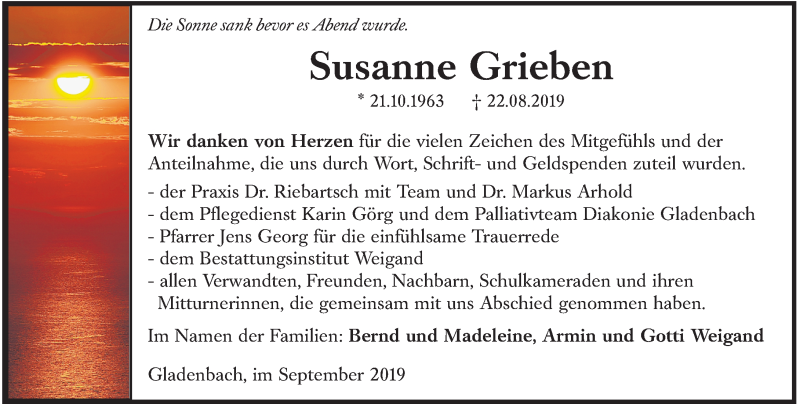  Traueranzeige für Susanne Grieben vom 20.09.2019 aus 205 HA - Hinterländer Anzeiger (130)