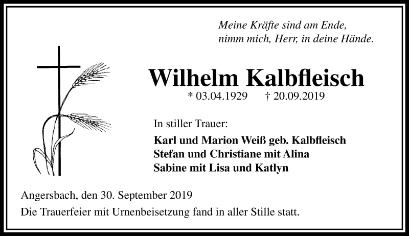  Traueranzeige für Wilhelm Kalbfleisch vom 01.10.2019 aus VRM Trauer