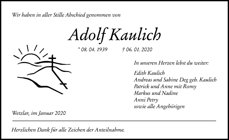  Traueranzeige für Adolf Kaulich vom 17.01.2020 aus 201 Wetzlarer Neue Zeitung
