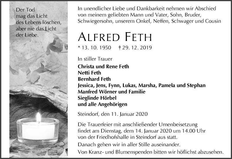  Traueranzeige für Alfred Feth vom 11.01.2020 aus 201 Wetzlarer Neue Zeitung