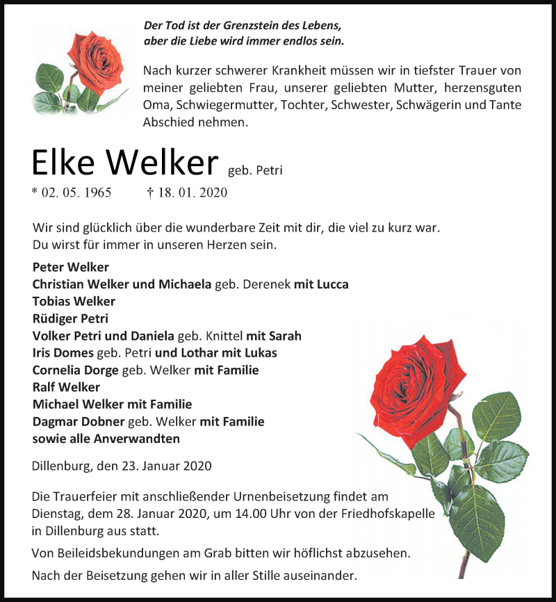  Traueranzeige für Elke Welker vom 23.01.2020 aus 202 Dill Block
