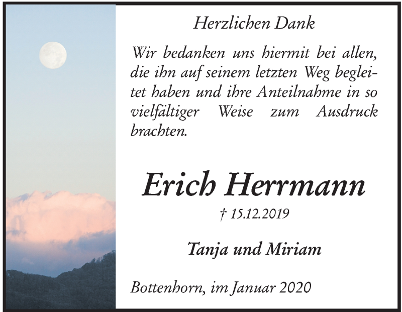  Traueranzeige für Erich Herrmann vom 04.01.2020 aus 205 Hinterländer Anzeiger