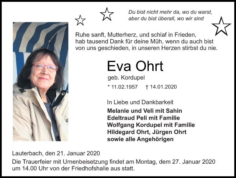  Traueranzeige für Eva Ohrt vom 21.01.2020 aus VRM Trauer