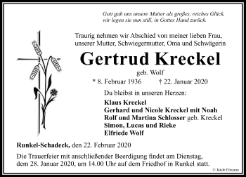 Traueranzeige von Gertrud Kreckel von 206 Weilburger Tageblatt