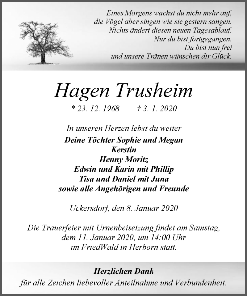  Traueranzeige für Hagen Trusheim vom 08.01.2020 aus 202 Dill Block