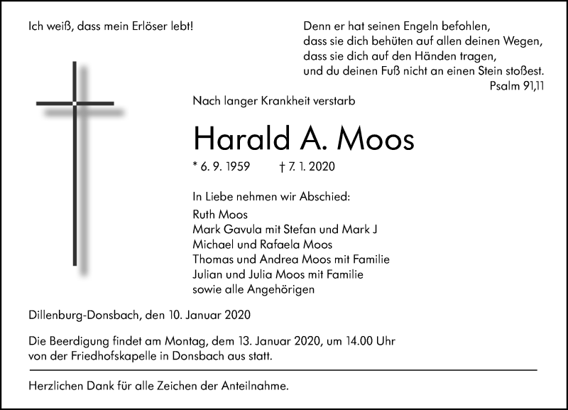  Traueranzeige für Harald A. Moos vom 10.01.2020 aus 202 Dill Block
