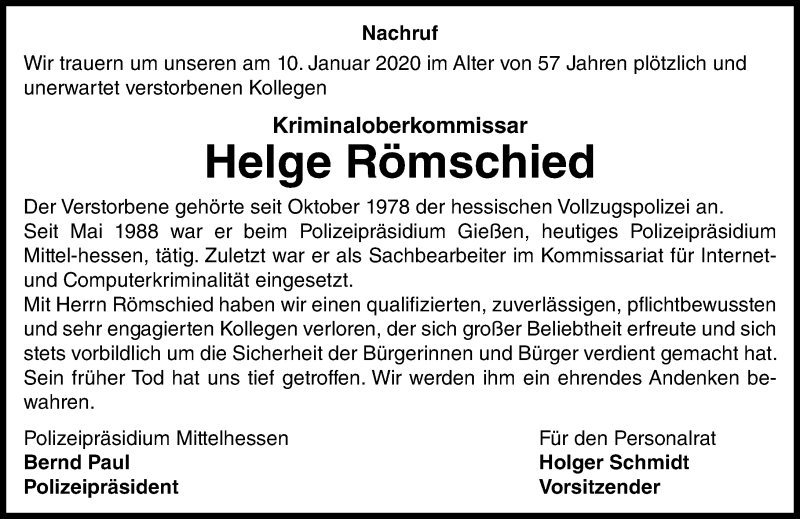  Traueranzeige für Helge Römschied vom 18.01.2020 aus 201 Wetzlarer Neue Zeitung
