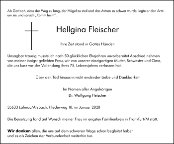 Traueranzeige von Hellgina Fleischer von 560 Gießener Anzeiger