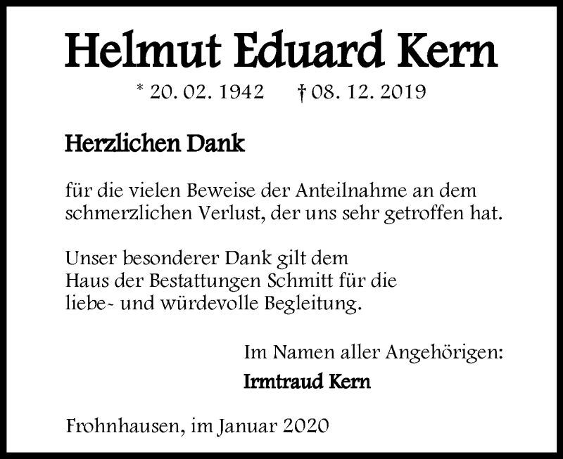  Traueranzeige für Helmut Eduard Kern vom 11.01.2020 aus 202 Dill Block