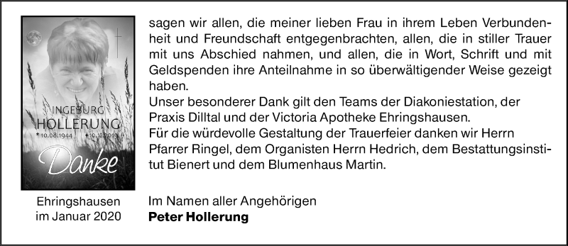  Traueranzeige für Ingeburg Hollerung vom 17.01.2020 aus 201 Wetzlarer Neue Zeitung
