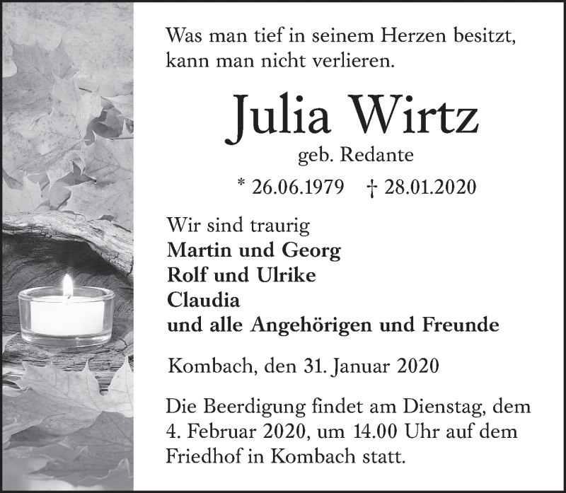  Traueranzeige für Julia Wirtz vom 31.01.2020 aus 205 Hinterländer Anzeiger